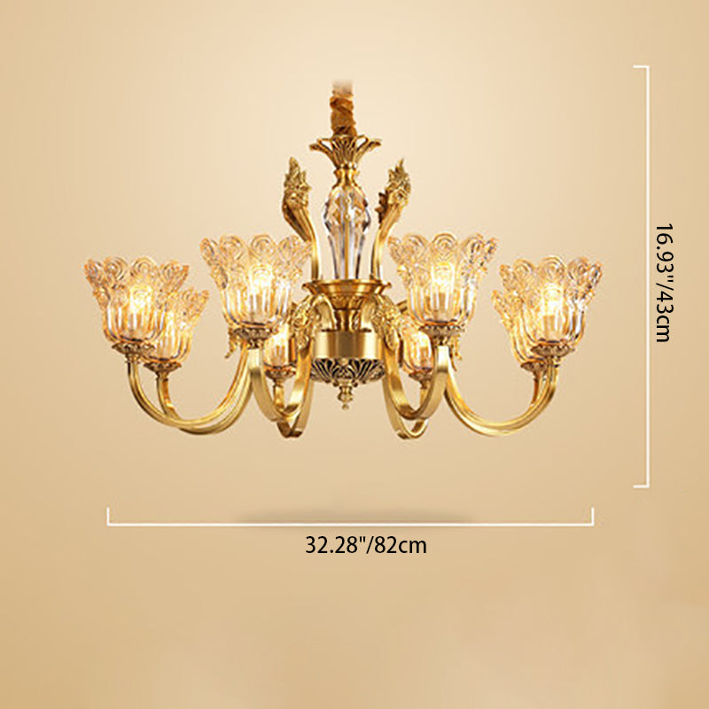 Traditional French Gold Finish Frame Floral Glass Shade 6/8-Light Chandelier For Living Room