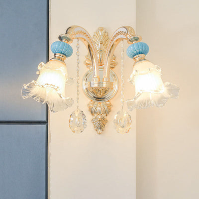 Traditional European Floral Alloy Ceramic Glass 1/2 Light Wall Sconce Lamp For Bedroom