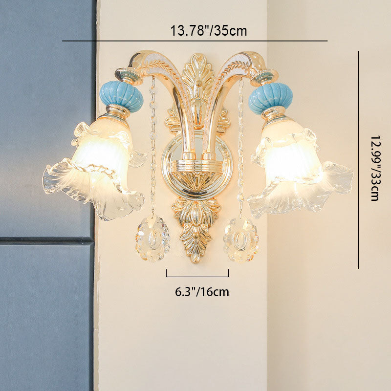 Traditional European Floral Alloy Ceramic Glass 1/2 Light Wall Sconce Lamp For Bedroom