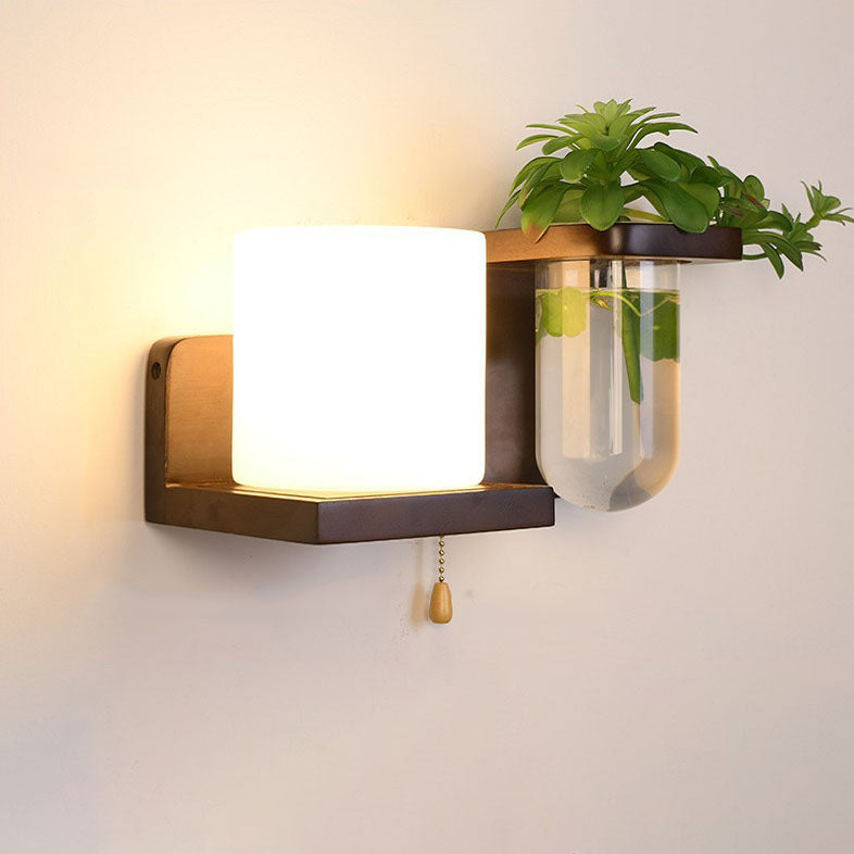 Nordic Creative Walnut Glass Pull Cord 1-Light Wall Sconce Lamp