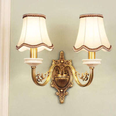 European Luxury Fabric Brass Carved 1/2 Light Wall Sconce Lamp