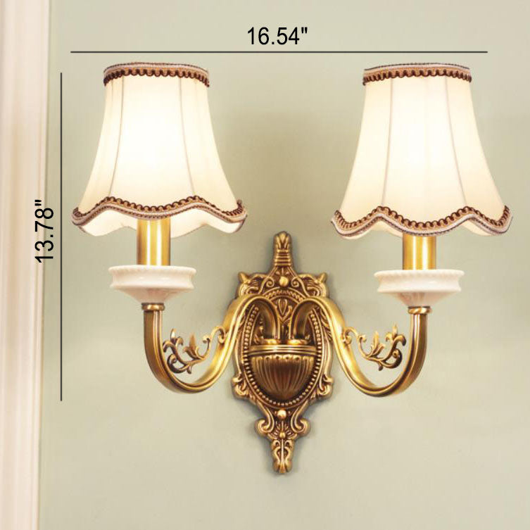 European Luxury Fabric Brass Carved 1/2 Light Wall Sconce Lamp