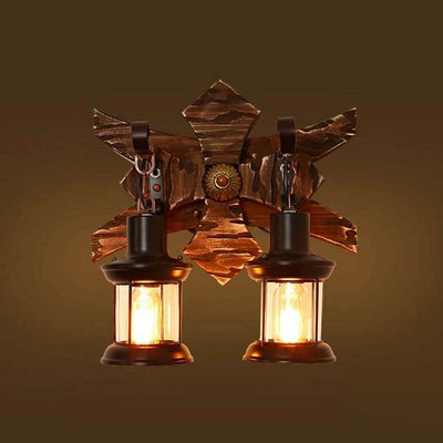 Traditional Farmhouse Wood Frame Iron 2-Light Wall Sconce Lamp For Dining Room