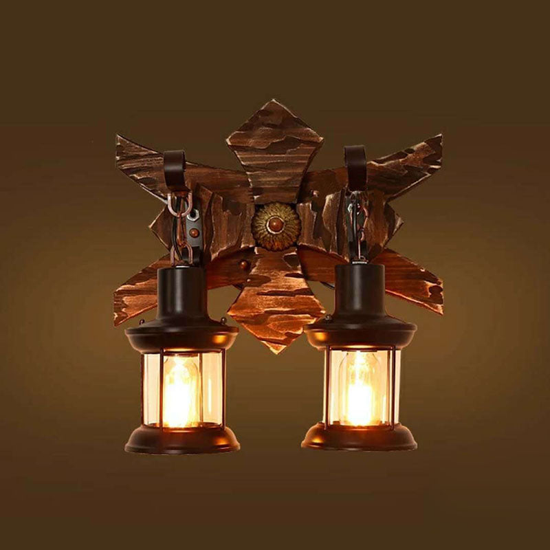 Traditional Farmhouse Wood Frame Iron 2-Light Wall Sconce Lamp For Dining Room