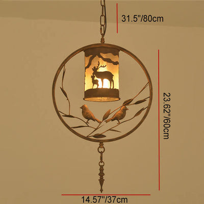 Traditional Vintage Round Trapezoidal Animal Iron 1-Light Pendant Light For Living Room