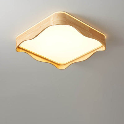 Japanese Original Wood Square Ripple Design LED Flush Mount Ceiling Light