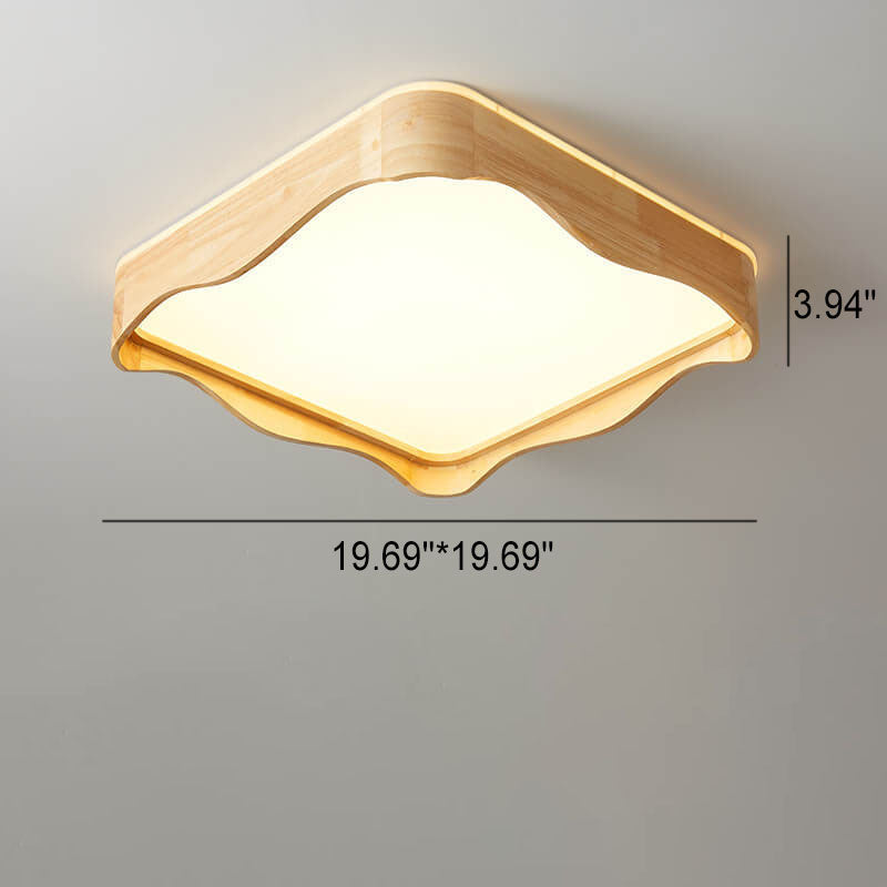 Japanese Original Wood Square Ripple Design LED Flush Mount Ceiling Light