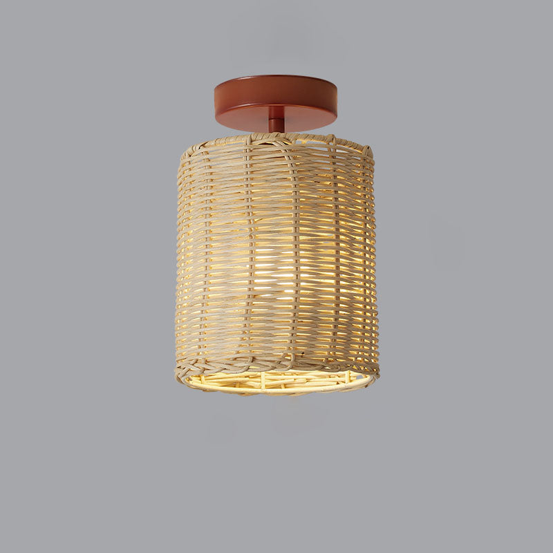 Contemporary Coastal Rattan Weaving Cylinder Shade 1-Light Semi-Flush Mount Ceiling Light For Hallway