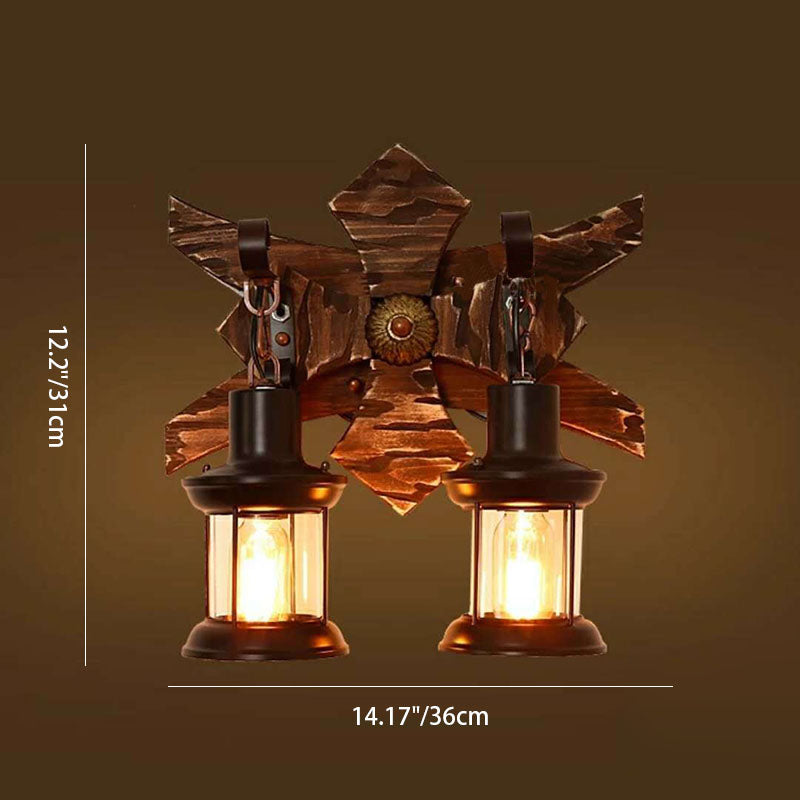 Traditional Farmhouse Wood Frame Iron 2-Light Wall Sconce Lamp For Dining Room