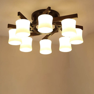 Modern Walnut Solid Glass Cylinder Shade 3/5/8 Light Semi-Flush Mount Ceiling Light