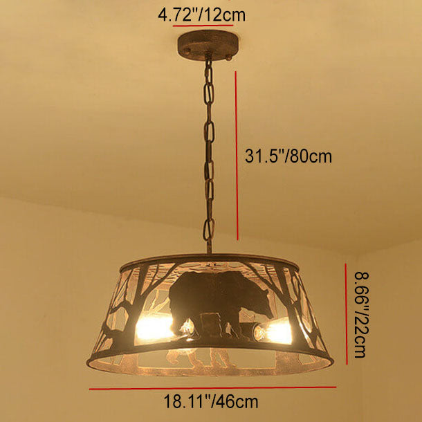 Traditional Vintage Round Trapezoidal Animal Iron 1-Light Pendant Light For Living Room