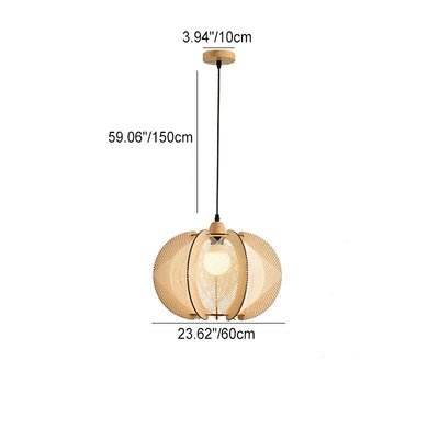 Traditional Japanese Wooden Frame Linen Thread Weaving Cage Shape 1-Light Pendant Light For Living Room