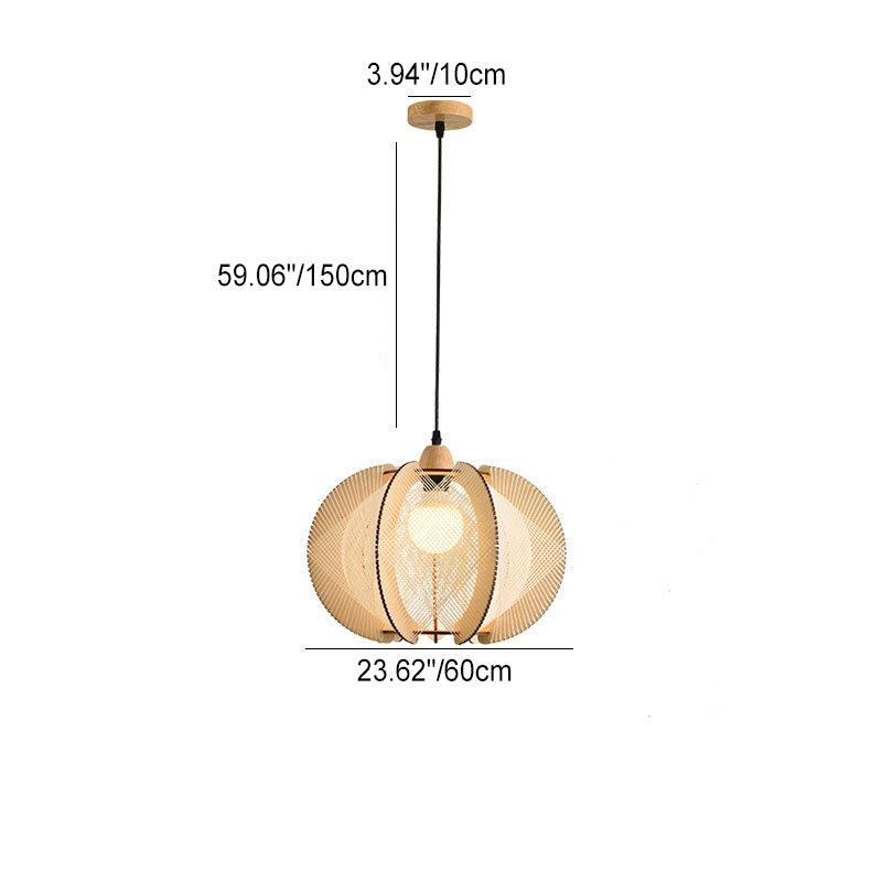 Traditional Japanese Wooden Frame Linen Thread Weaving Cage Shape 1-Light Pendant Light For Living Room