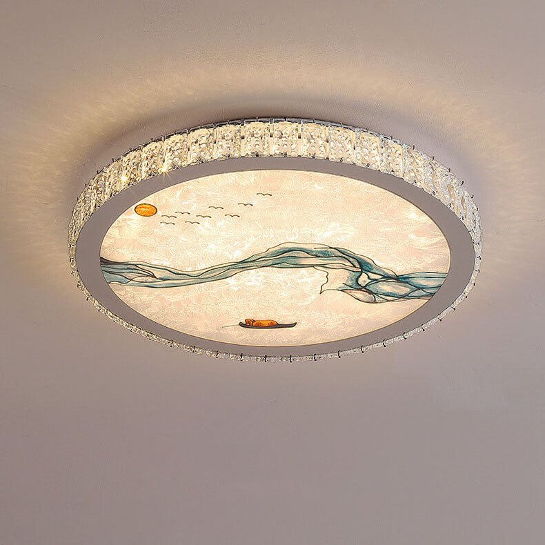 Modern Luxury Enamel Crystal Round LED Flush Mount Ceiling Light