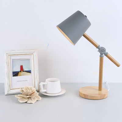 Macaron Creative Iron Cylinder Wooden Base 1-Light Table Lamp