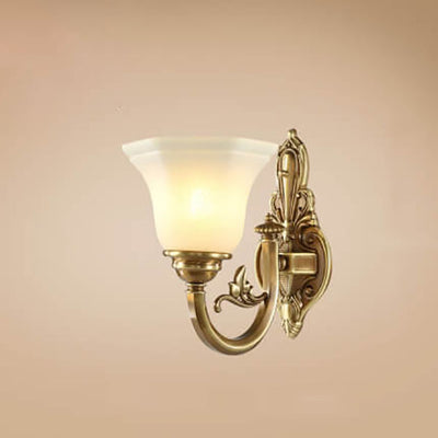 European Vintage Brass Glass Cone Carved 1/2 Light Wall Sconce Lamp