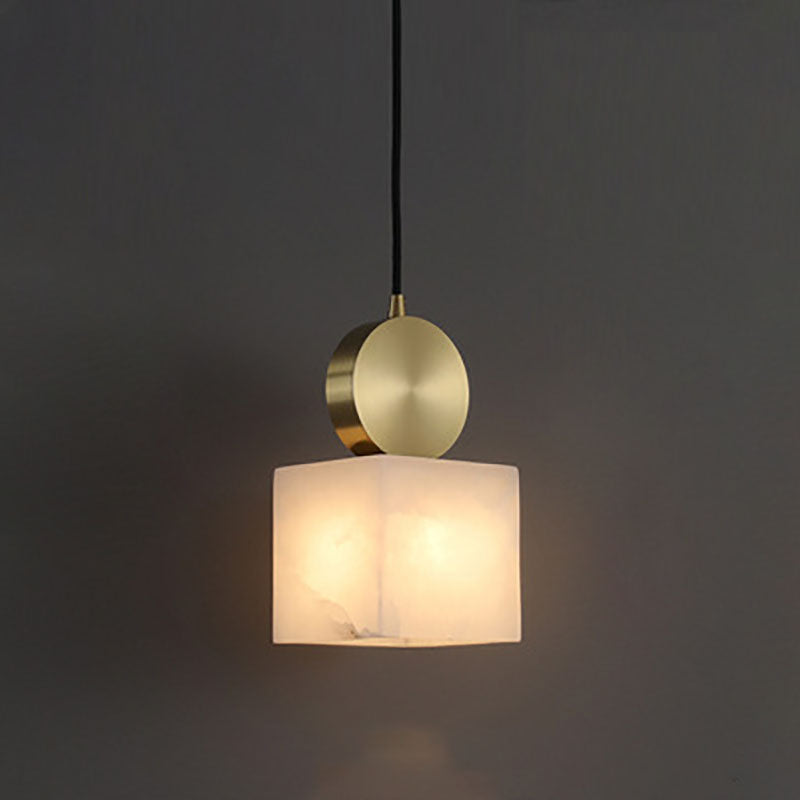 Modern Luxury Geometric Cube Marble Shade Brass 1-Light Pendant Light For Living Room