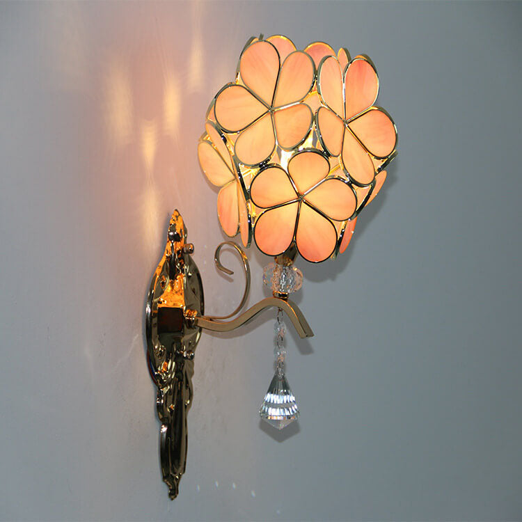 European Vintage Tiffany Flower Shaped Gold Frame Glass Metal 1-Light Wall Sconce Lamp