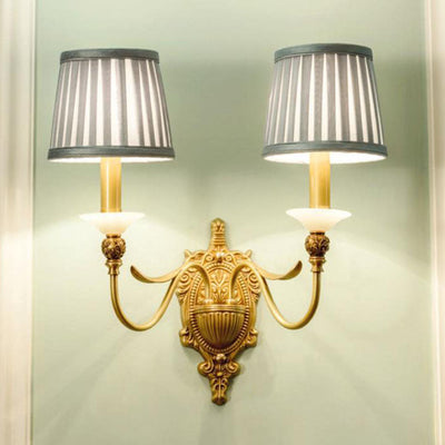 European Luxury Fabric Brass Carved 1/2 Light Wall Sconce Lamp