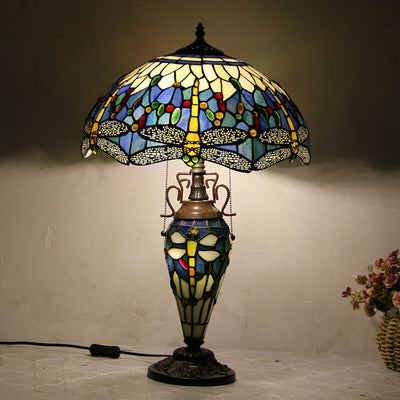 European Tiffany Stained Glass Hexagonal Dome Pull Cord 2-Light Table Lamp