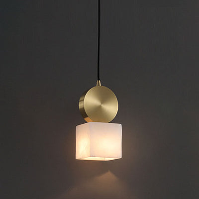 Modern Luxury Geometric Cube Marble Shade Brass 1-Light Pendant Light For Living Room