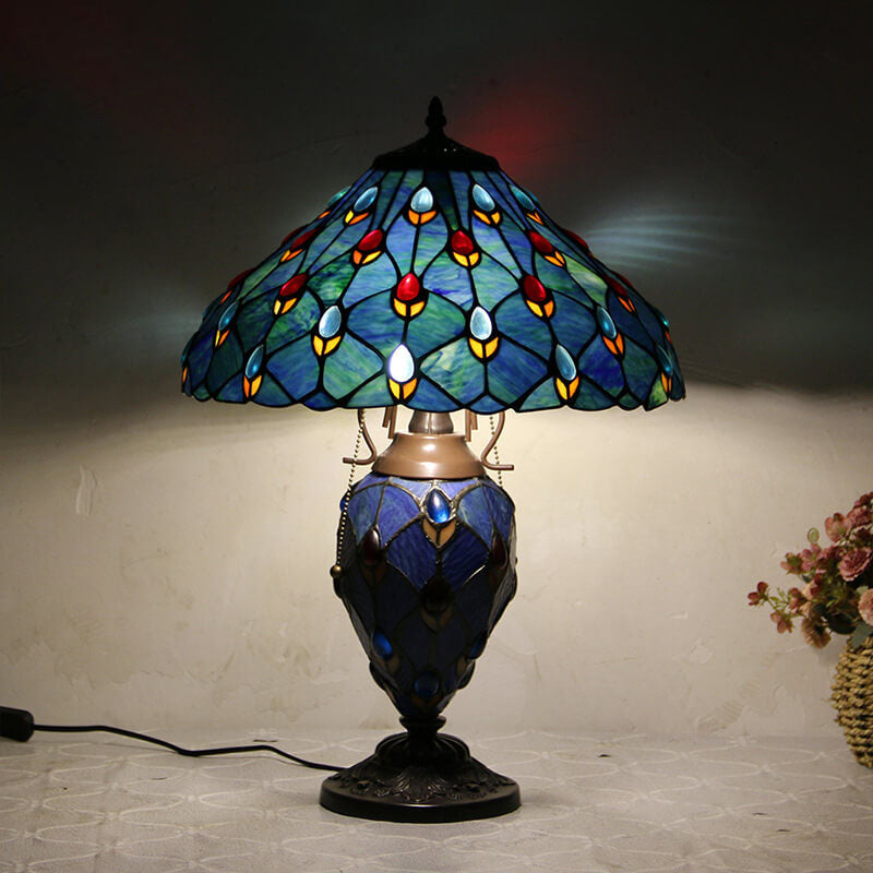 European Tiffany Stained Glass Hexagonal Dome Pull Cord 2-Light Table Lamp