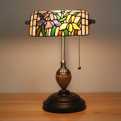 European Tiffany Flower Glass 1-Light Banker Table Lamp