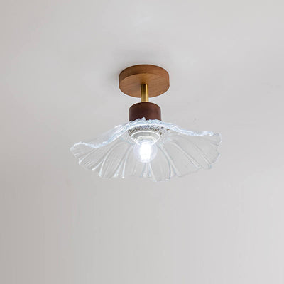 Modern Art Deco Wooden Frame Flower Glass Shade 1-Light Semi-Flush Mount Ceiling Light For Hallway