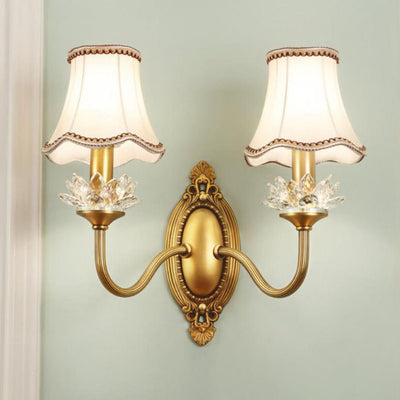 European Luxury Fabric Brass Carved 1/2 Light Wall Sconce Lamp