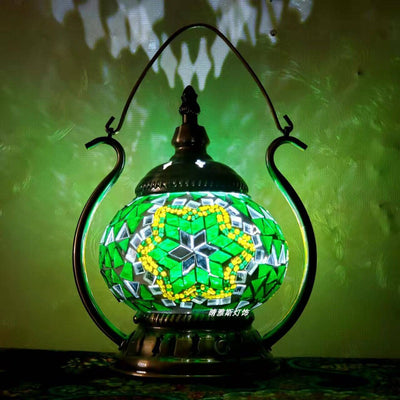 Lampe de table portable LED rechargeable par USB en pot rond en vitrail marocain 