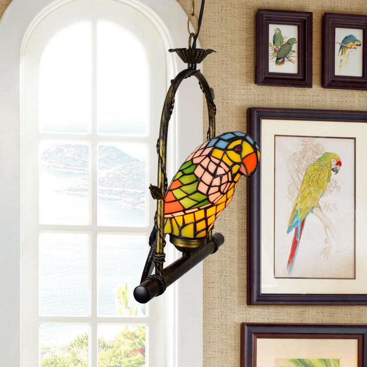 Tiffany Vintage Parrot Hardware Stained Glass 1/3 Light Chandelier